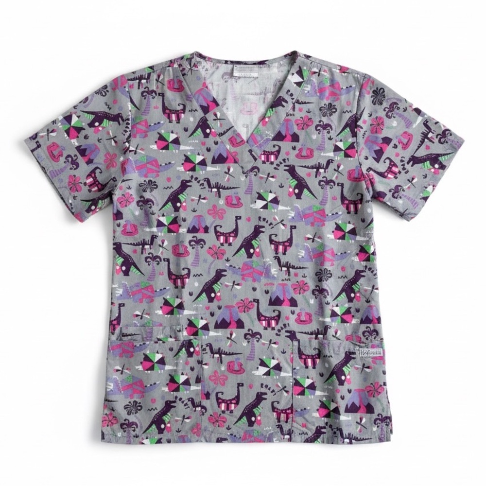 UA Scrubs Dinosaur Print Scrub Top Gray Pink V-Neck Medical Nurse Uniform Small